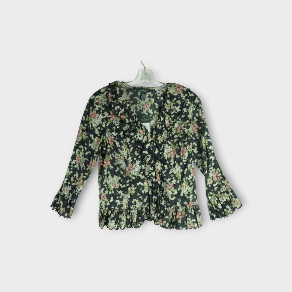Lauren Ralph Lauren Ruffle Floral Blouse Size S Black Rose Flounce